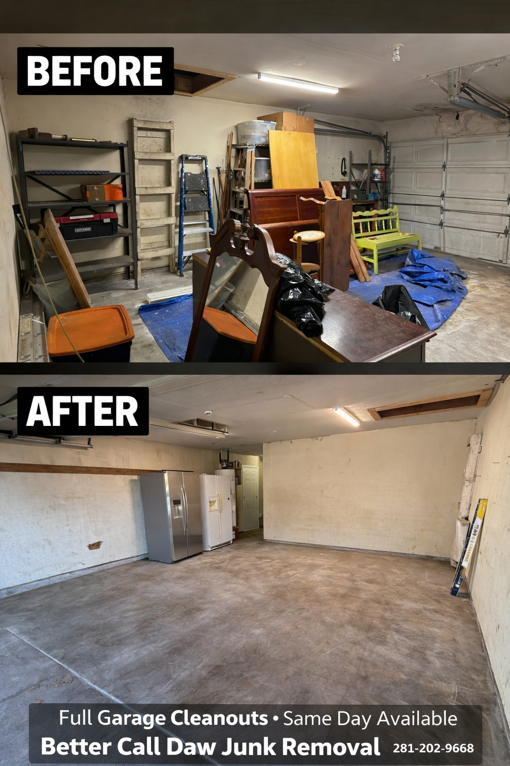 Garage cleanout before and after in Pearland TX — Daw's Junk Solutions