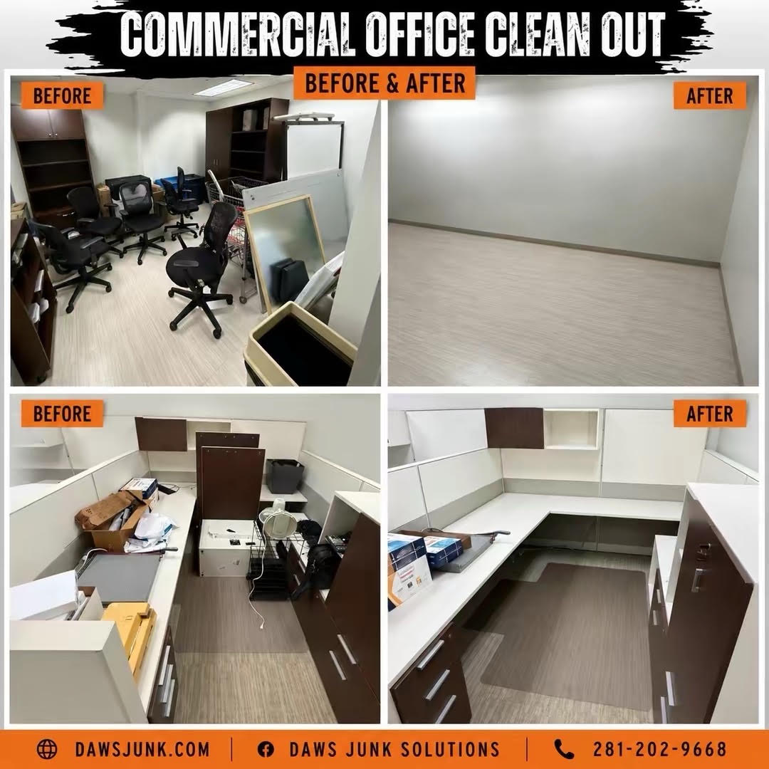 Commercial office cleanout before and after in Downtown Houston. Daw's Junk Solutions cleared desks, chairs, and cubicles from a 26th-floor office for a move-in-ready space