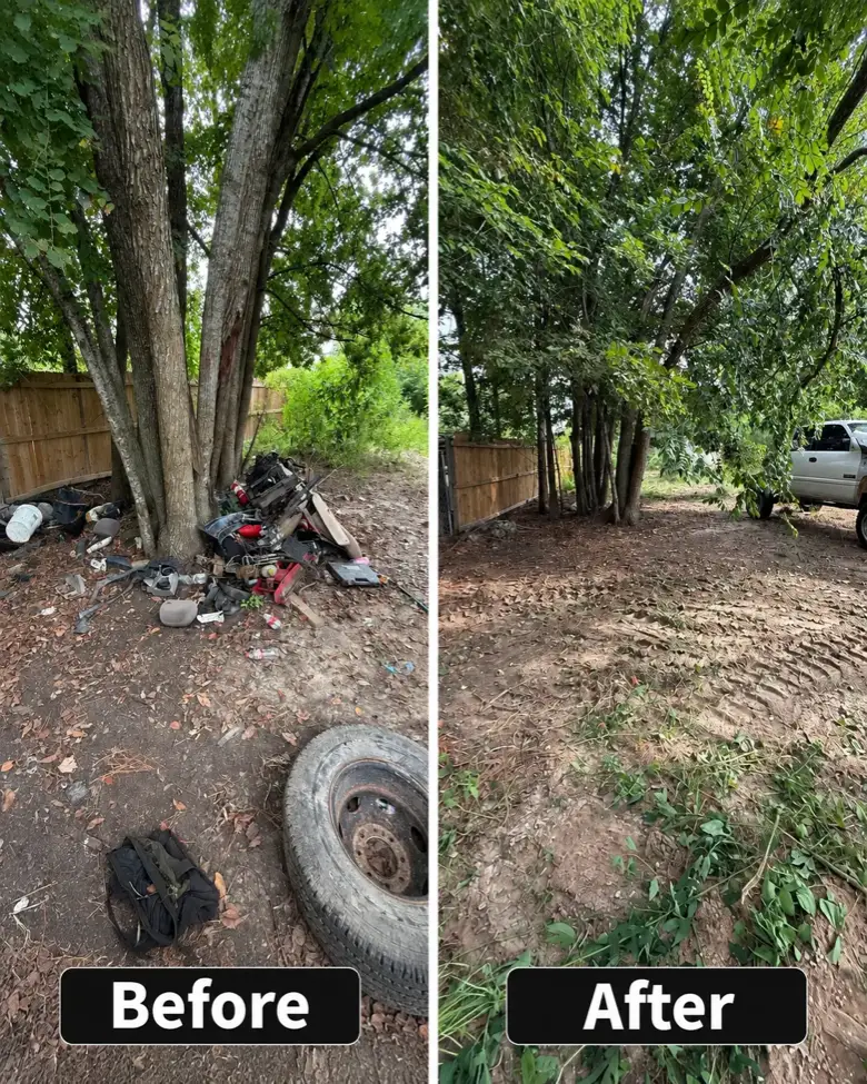 Before and after of a Northwest Houston property junk removal: before showing a pile of miscellaneous junk and old auto parts under a tree, after showing the same spot cleared to bare ground with skid steer tracks and our pickup at the right.