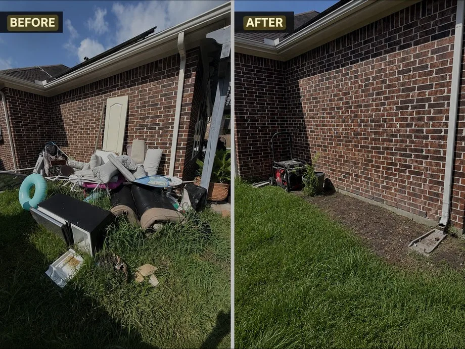 Before and after of a Pearland backyard junk removal job: a pile of old furniture and junk against the back wall, then the same lawn cleared and open.