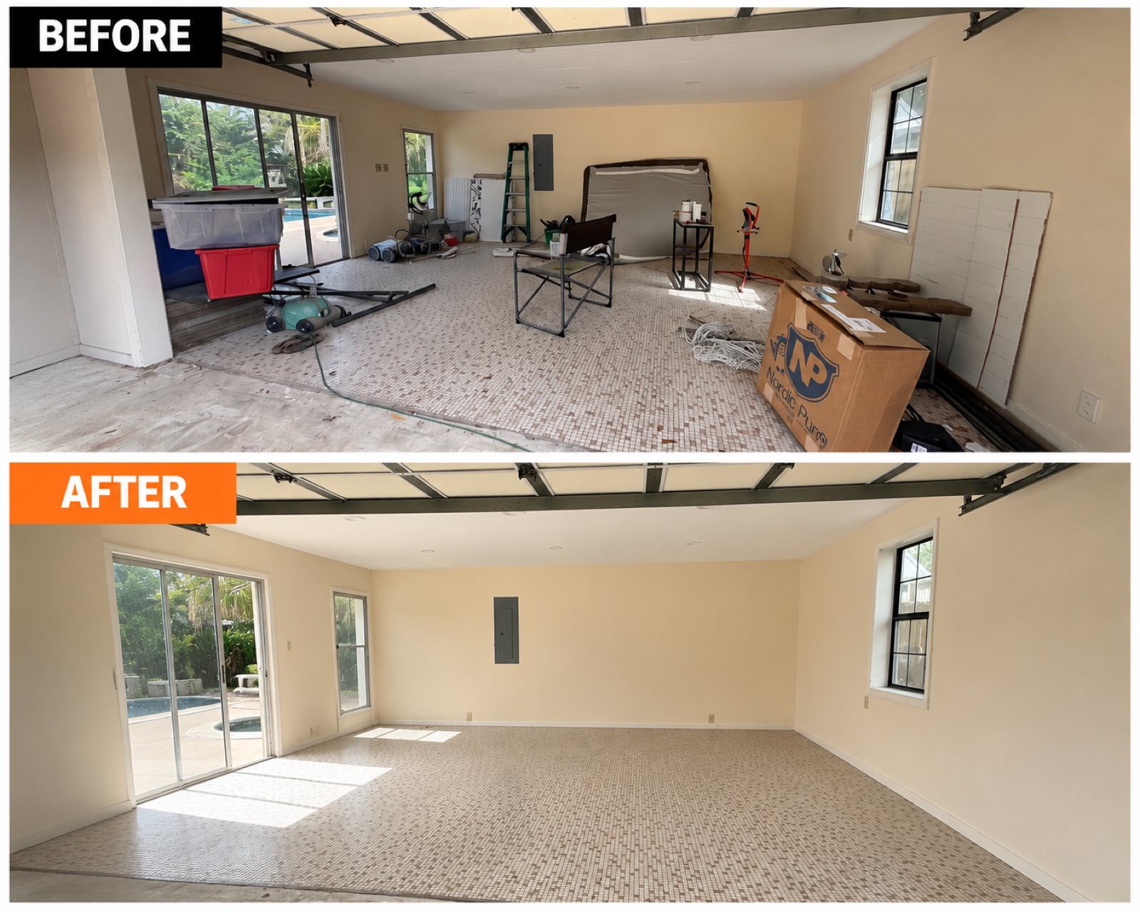 Before and after of a West Houston residential garage cleanout completed before a same-day home closing.